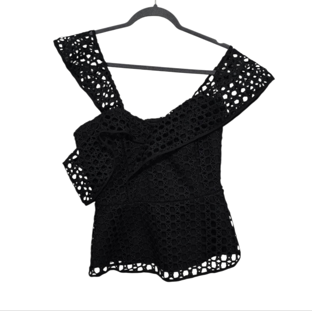Karina Grimaldi Laura top black Aysemetric Shoulder Lace Peplum Top